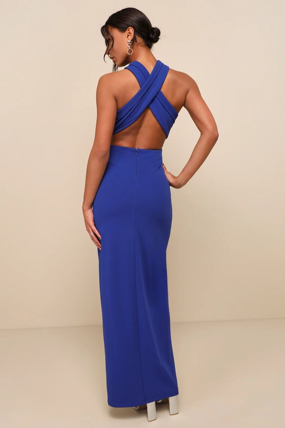 Cocktail Hour Royal Blue Halter Neck Evening Dresses