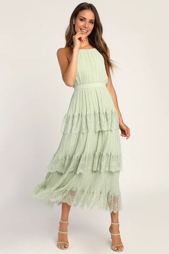Cocktails Sag Green Pleated Tiered Lace Party Dresses