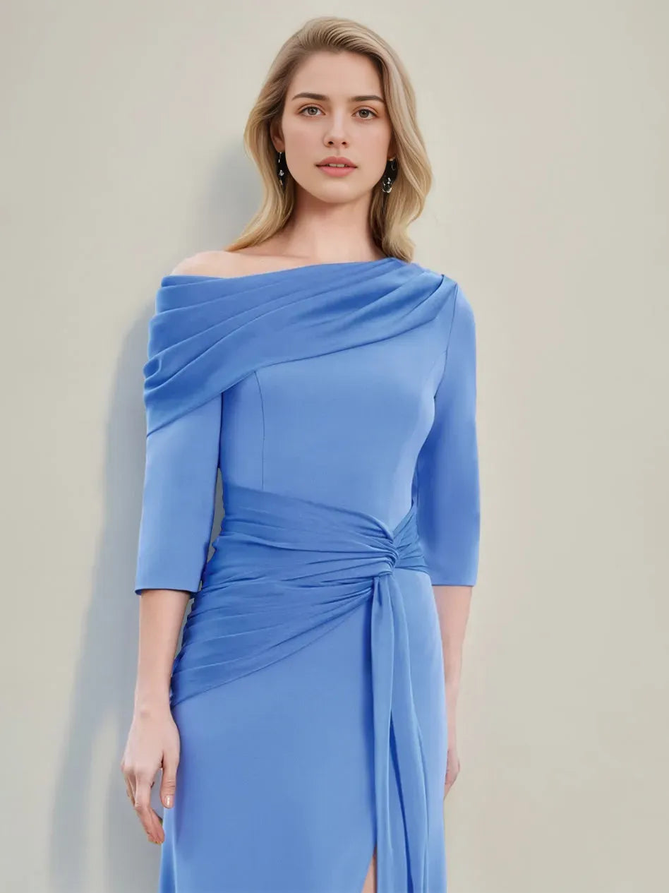 Column Asymmetrical Draped Neckline 3/4 Sleeves Floor-Length Pleated Mother of the Bride Dresses with Chiffon Slit