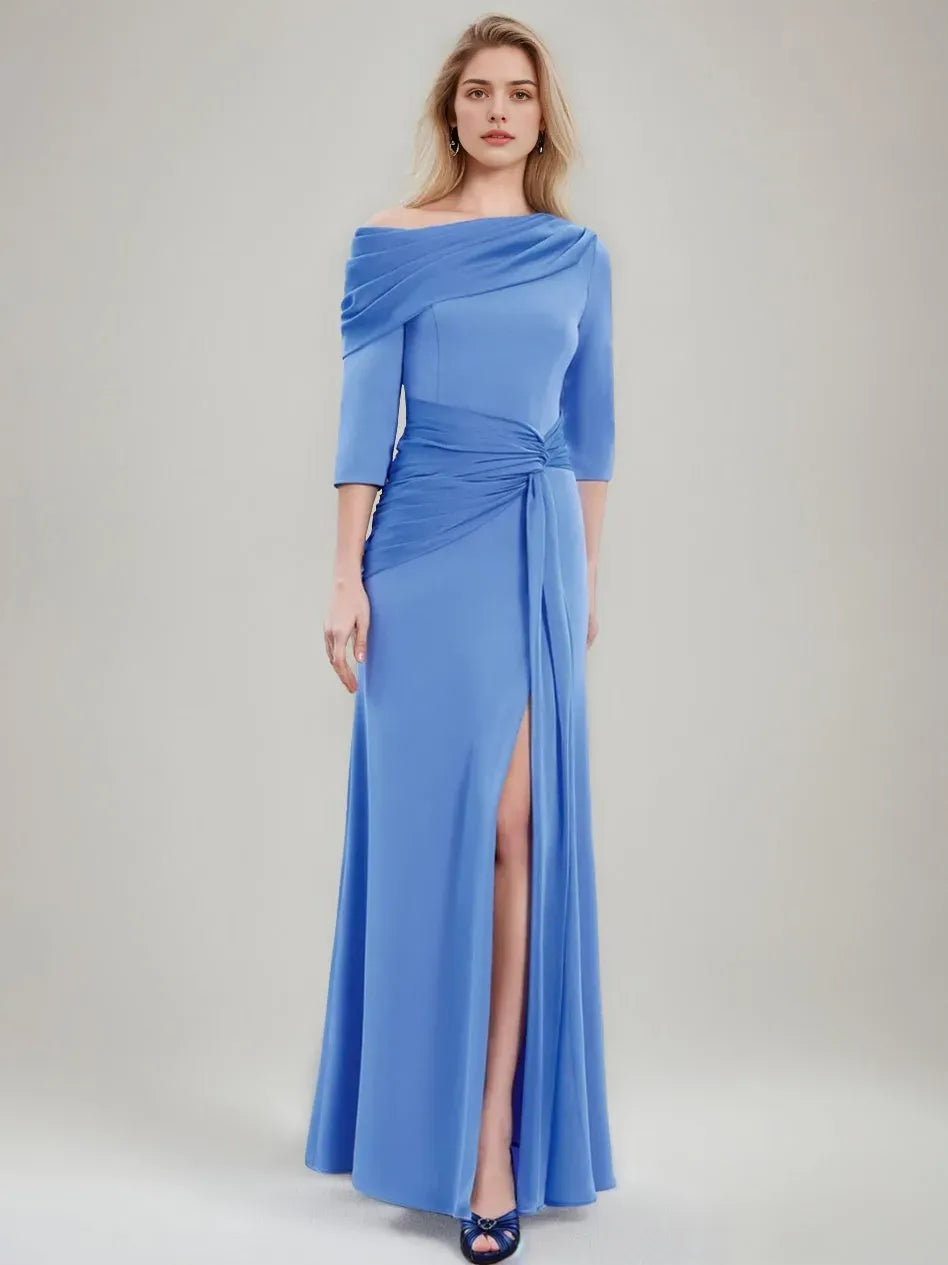 Column Asymmetrical Draped Neckline 3/4 Sleeves Floor-Length Pleated Mother of the Bride Dresses with Chiffon Slit
