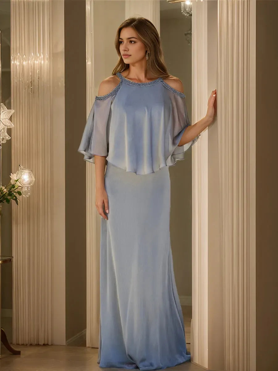 Column Cowl Neck Half Sleeves Mother Of The Bride Dresses with Ruffles Beadings