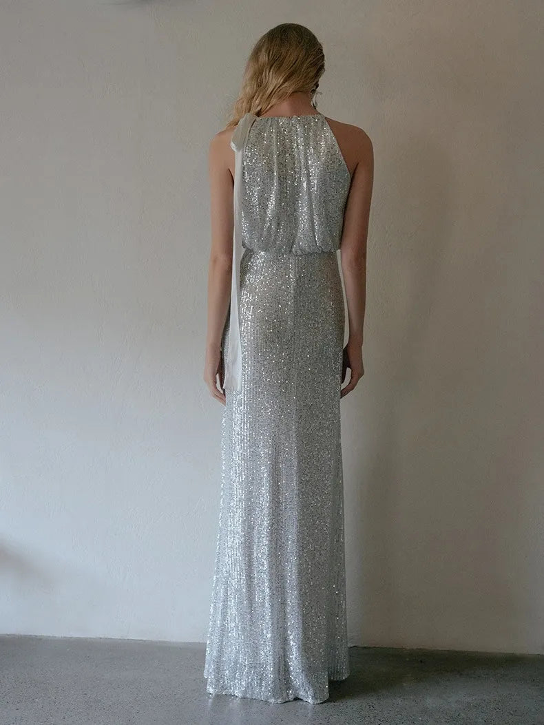 Column Halter Sleeveless Floor-Length Evening Dresses with Slit  Sequins