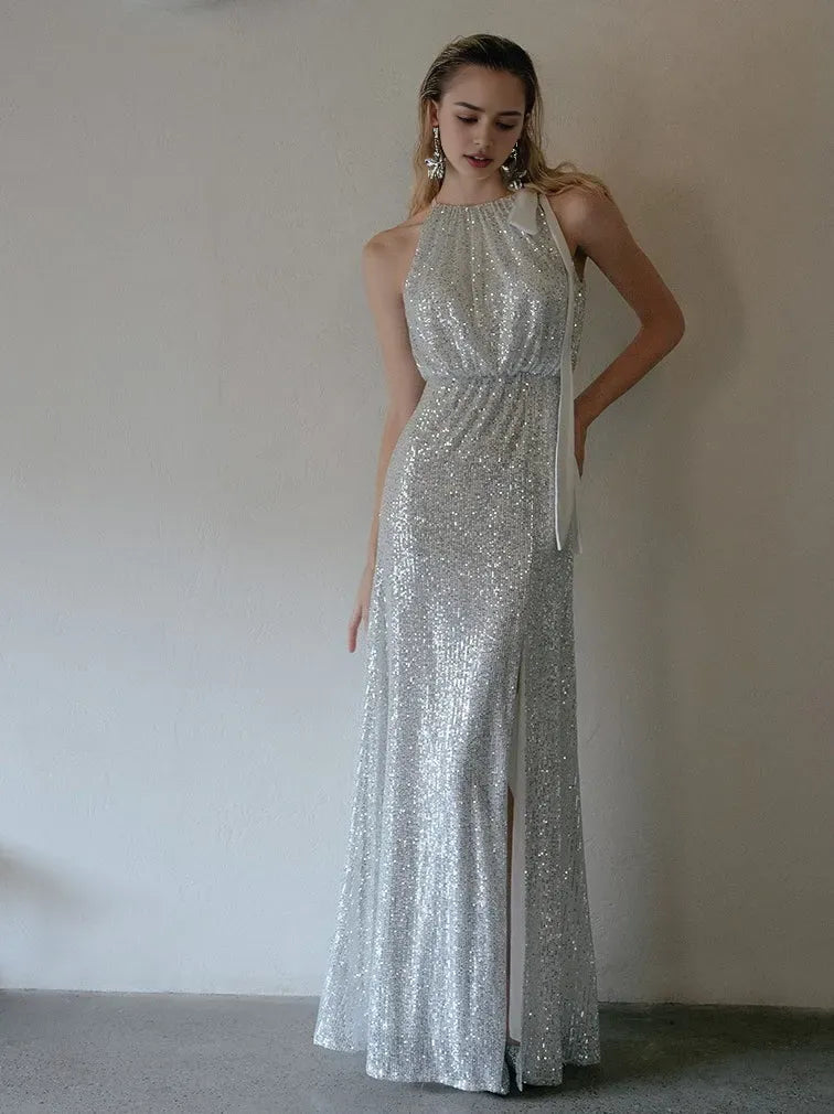 Column Halter Sleeveless Floor-Length Evening Dresses with Slit  Sequins
