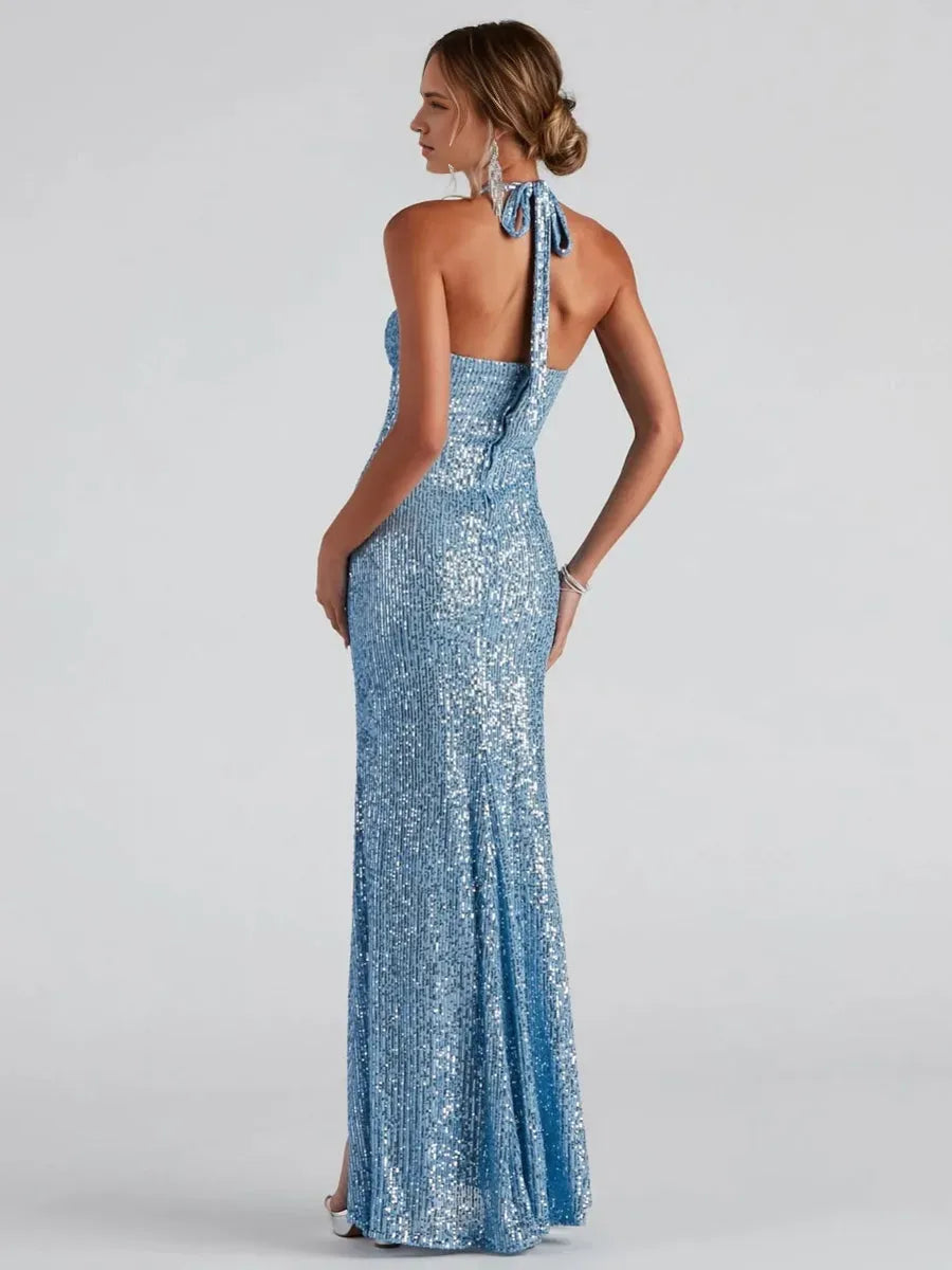 Column Halter Sleeveless Sexy Sequined Prom Dresses with High Split