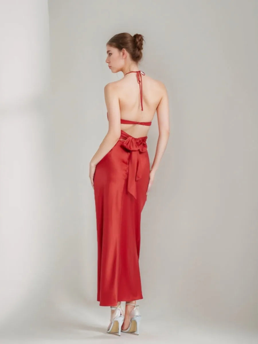 Column Hollow Halter Ankle-Length Elegant Prom Dresses with Self-tie Ribbon