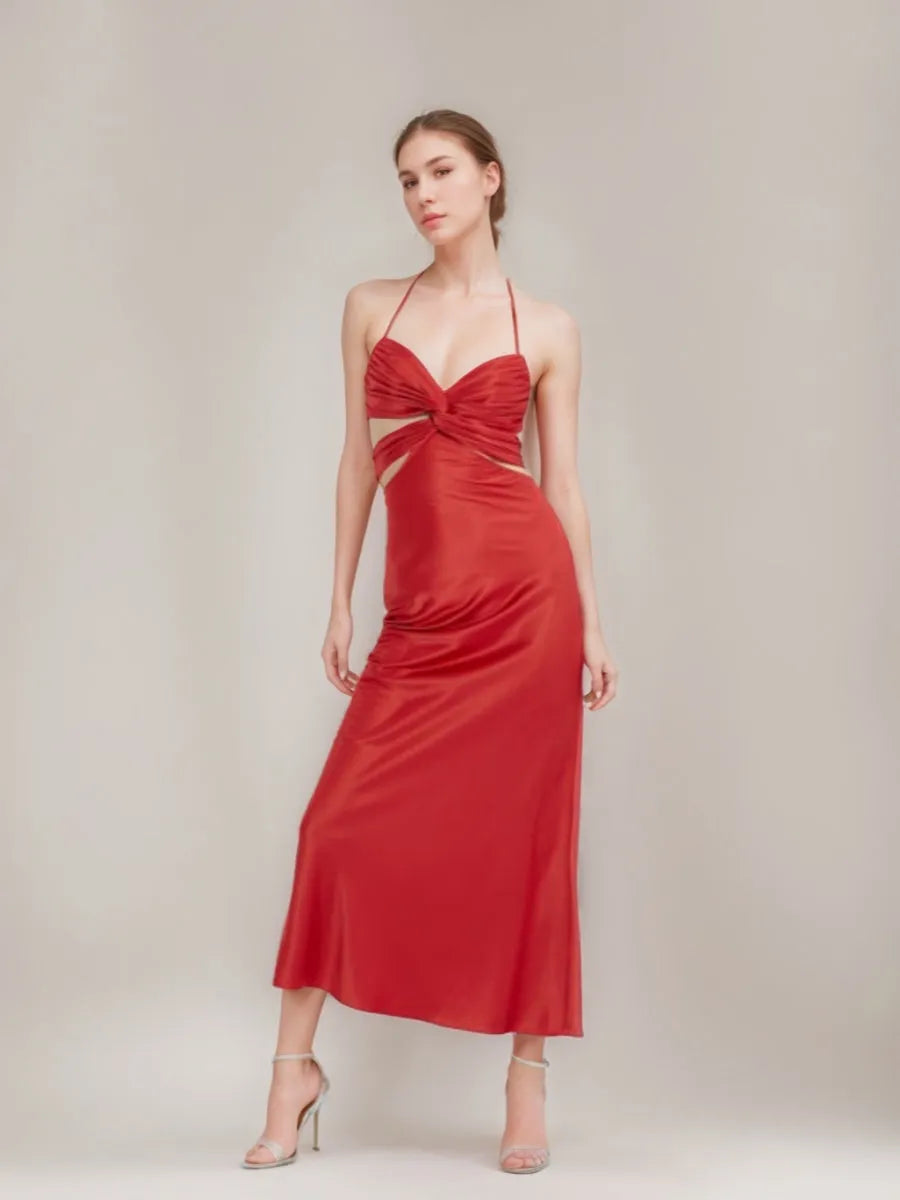 Column Hollow Halter Ankle-Length Elegant Prom Dresses with Self-tie Ribbon