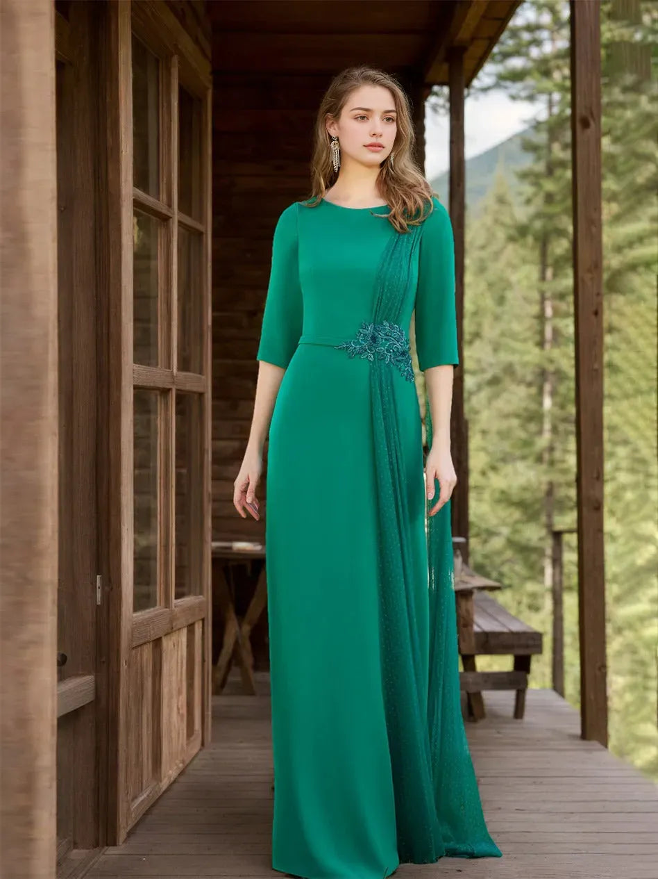 Column Jewel Neck 1/2 Sleeves Floor-Length Mother of the Bride Dresses with Floral Applique Draped Dotted Tulle