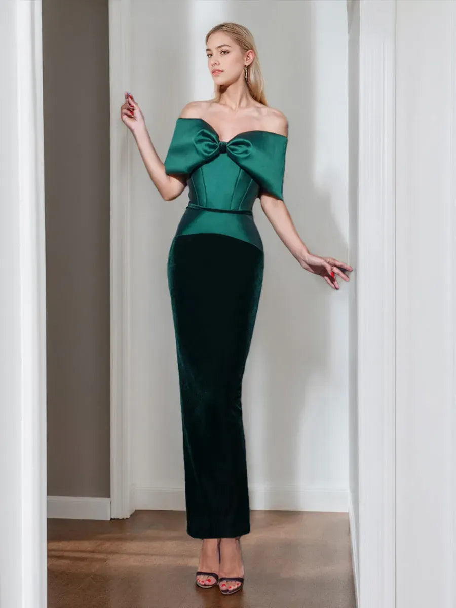 Column Off-the-Shoulder Ankle-Length Ruched Mother of the Bride Dresses with Bow