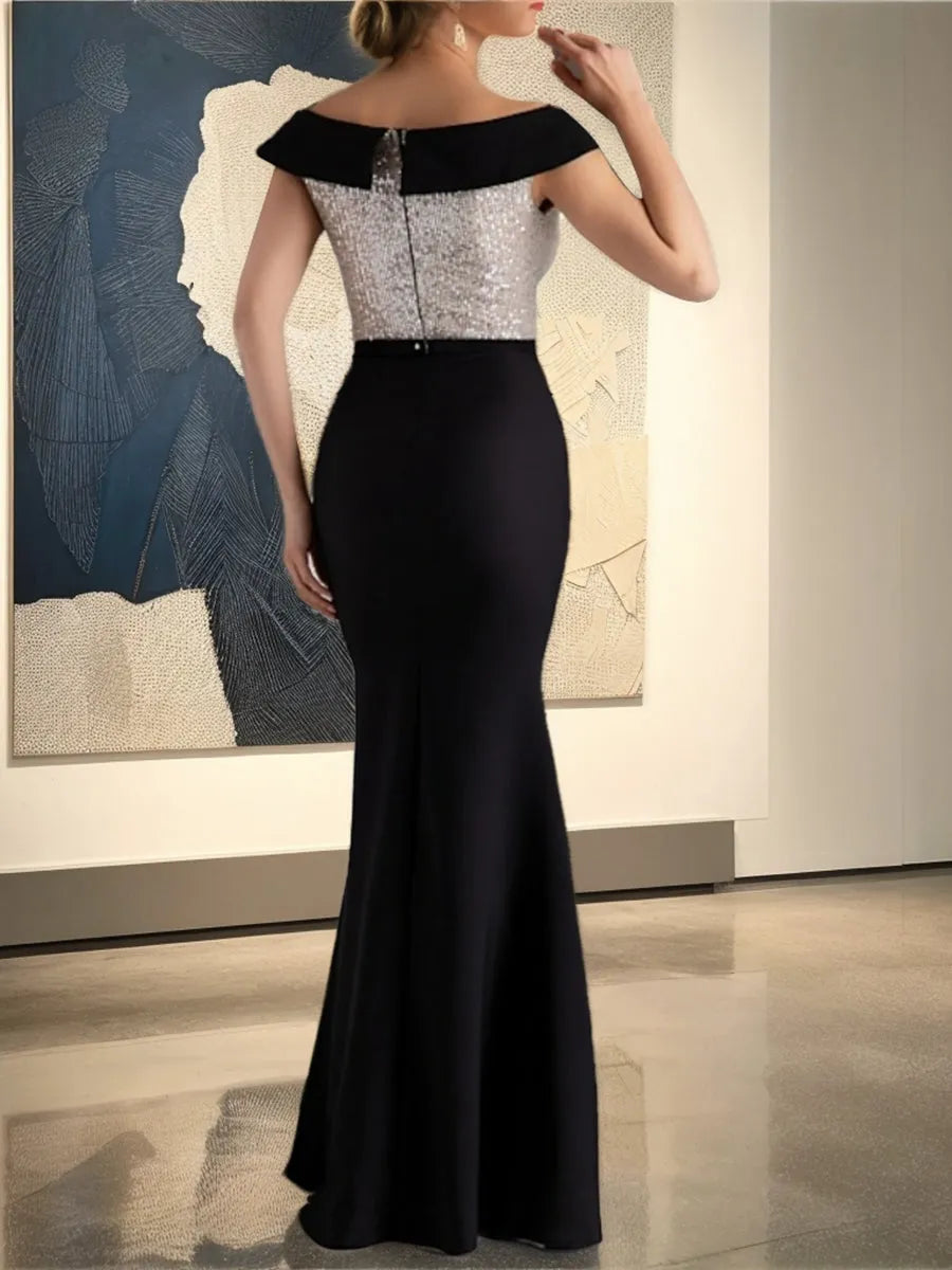 Column Off-the-Shoulder Floor-Length Mother of the Bride Groom Dresses with Sequins