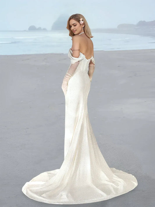 Column Off-the-Shoulder Floor-Length Wedding Dress with Sequins Split Side