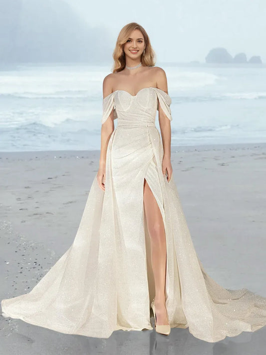 Column Off-the-Shoulder Floor-Length Wedding Dress with Sequins Split Side