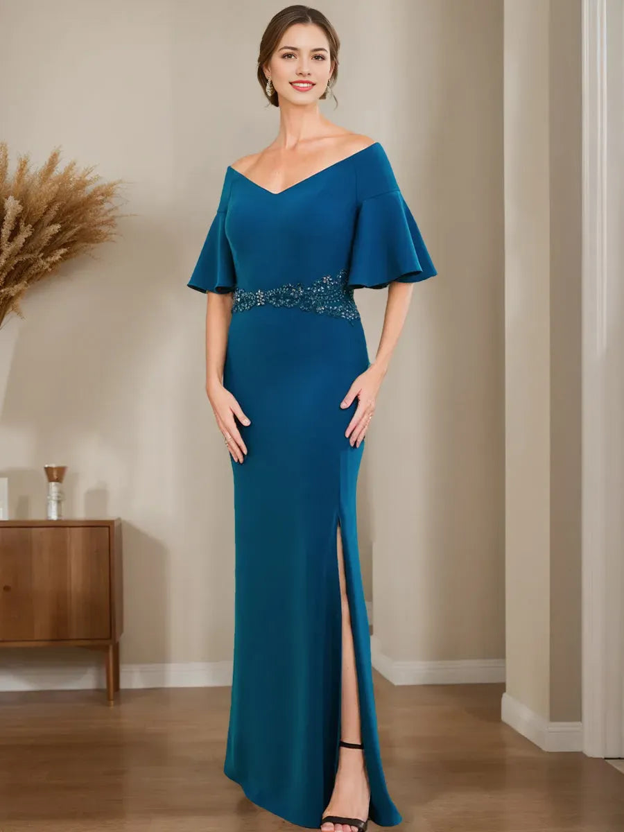 Column Off-the-Shoulder Mother Of The Bride Groom Dresses with Appliques Split Side