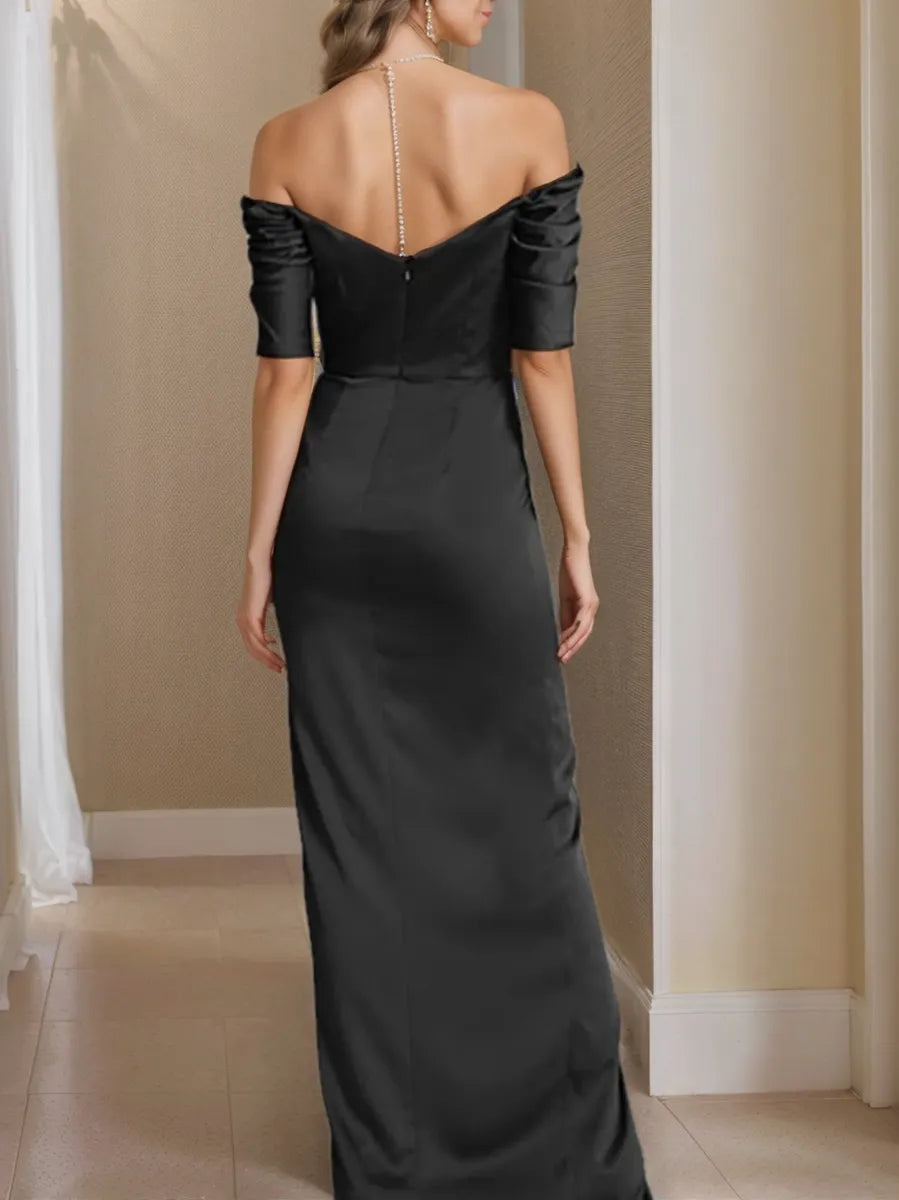 Column Off-the-Shoulder Short Sleeves Mother of the Bride Dresses With Split Front