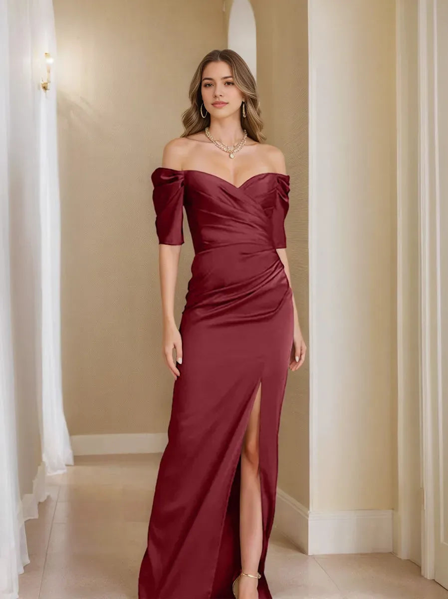 Column Off-the-Shoulder Short Sleeves Mother of the Bride Dresses With Split Front