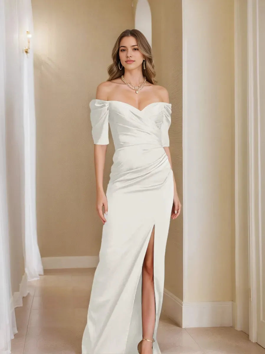 Column Off-the-Shoulder Short Sleeves Mother of the Bride Dresses With Split Front