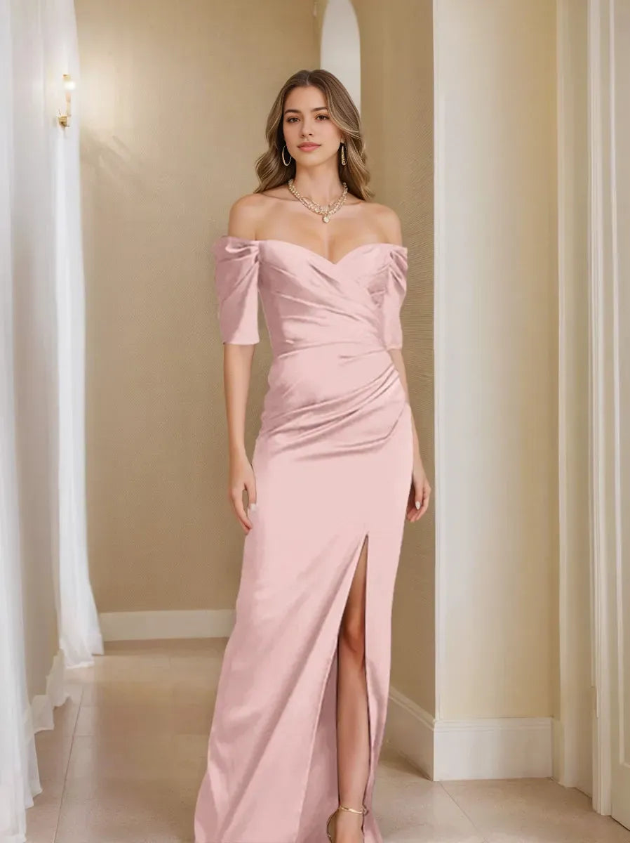 Column Off-the-Shoulder Short Sleeves Mother of the Bride Dresses With Split Front