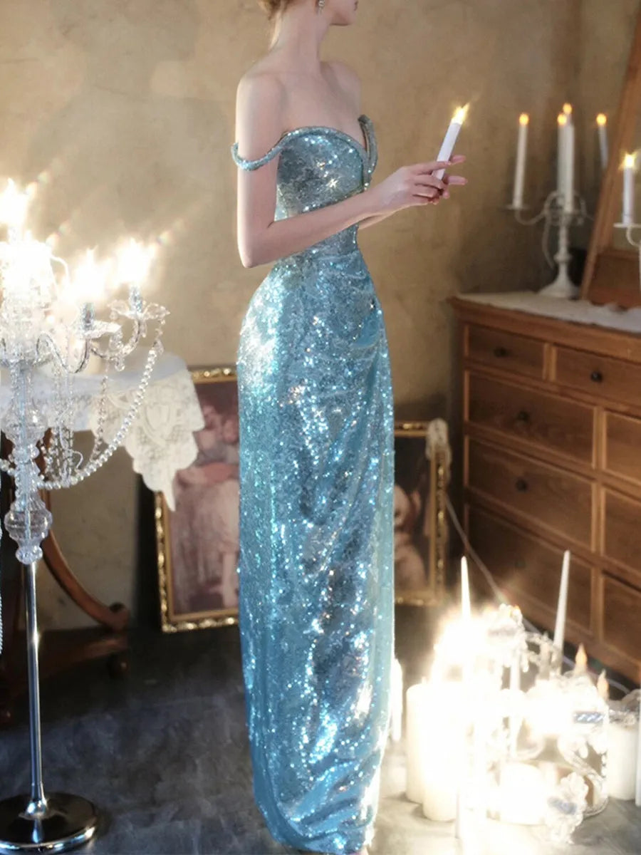 Column Off-the-Shoulder Sleeveless Elegant Prom Dresses with High Split