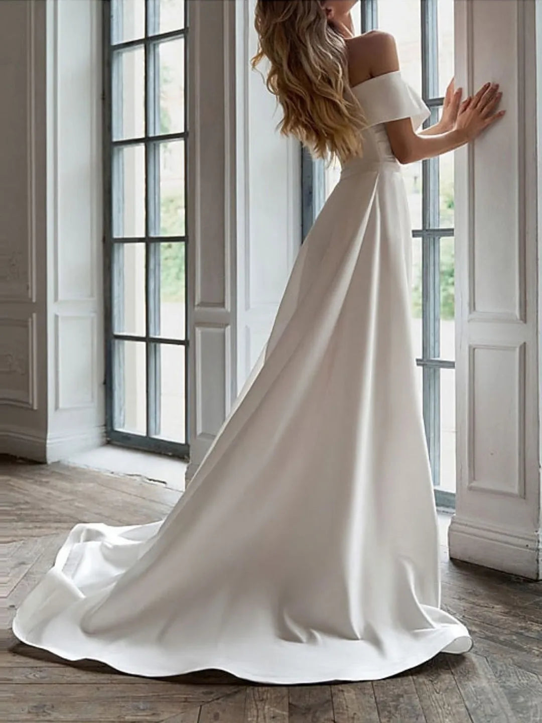 Column Off-the-shoulder Short Sleeves Elegant Wedding Dress with Ruffle