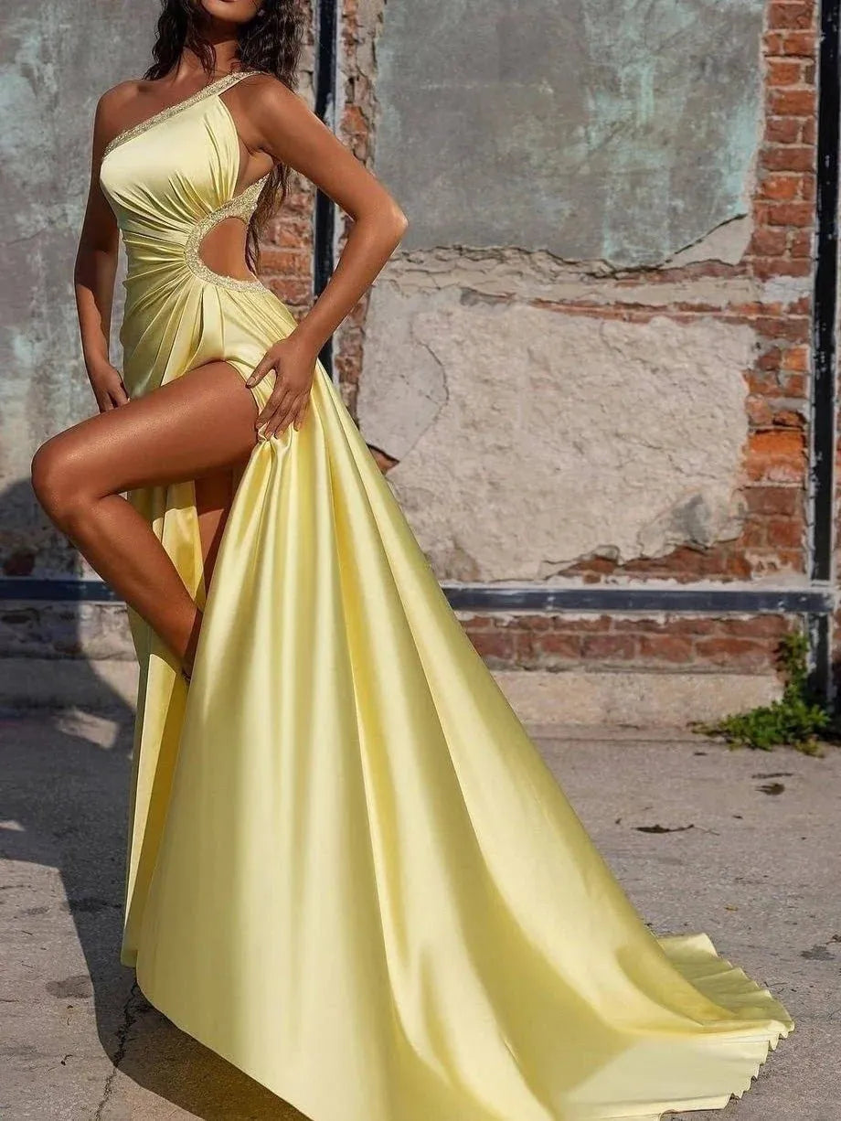 Column One-Shoulder Floor-length Prom Dresses