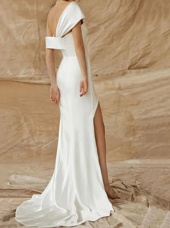 Column One-Shoulder Silk Satin Wedding Dress With Split