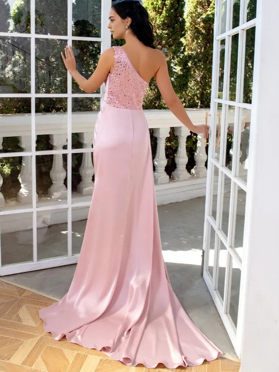 Column One-Shoulder Sleeveless Ruched Sweep Train Asymmetrical Evening Dresses with Sequins  Ruffles