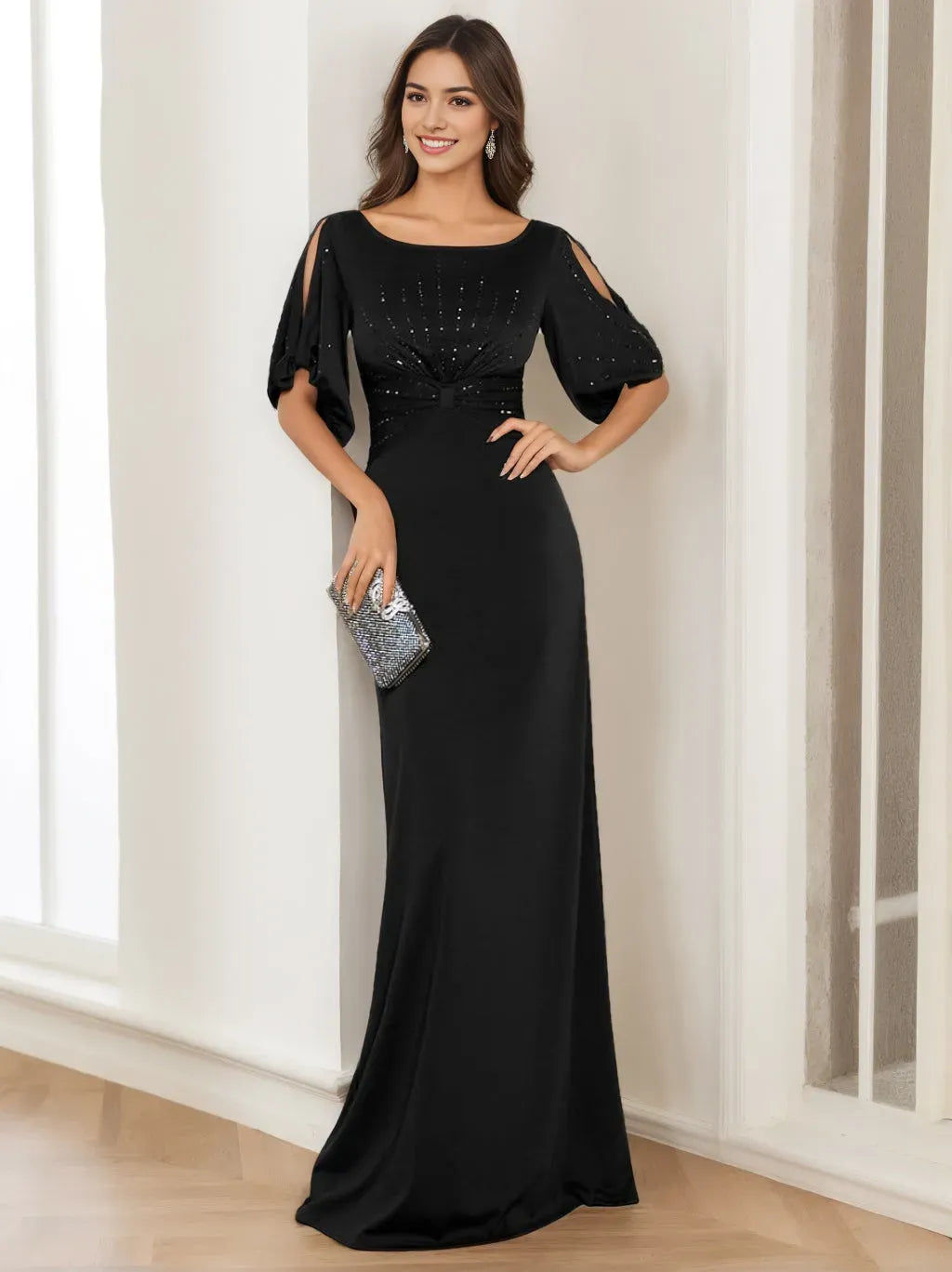 Column Round Neck Half Sleeves Floor Length Black Elegant Mother of the Bride Dresses