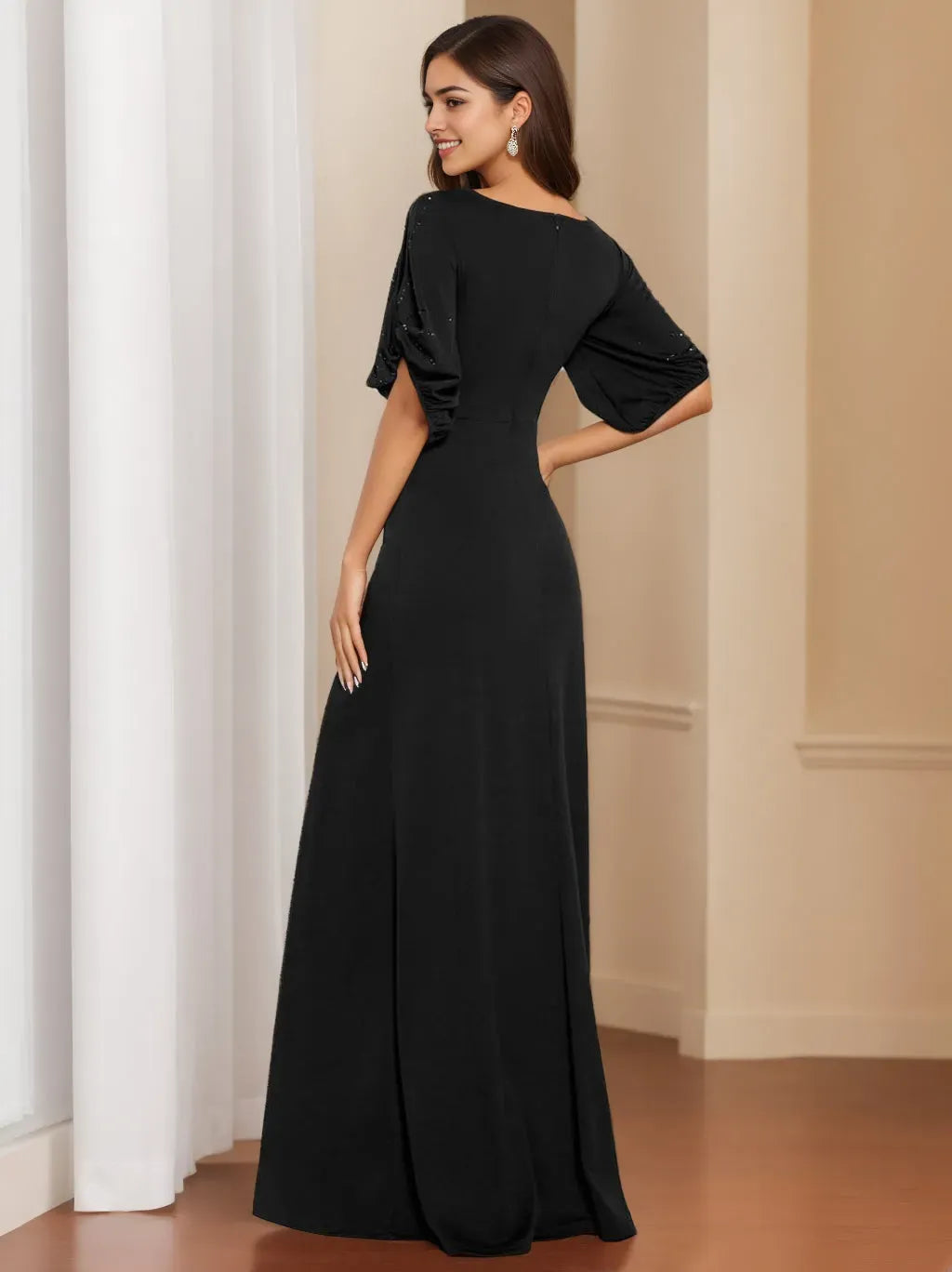 Column Round Neck Half Sleeves Floor Length Black Elegant Mother of the Bride Dresses