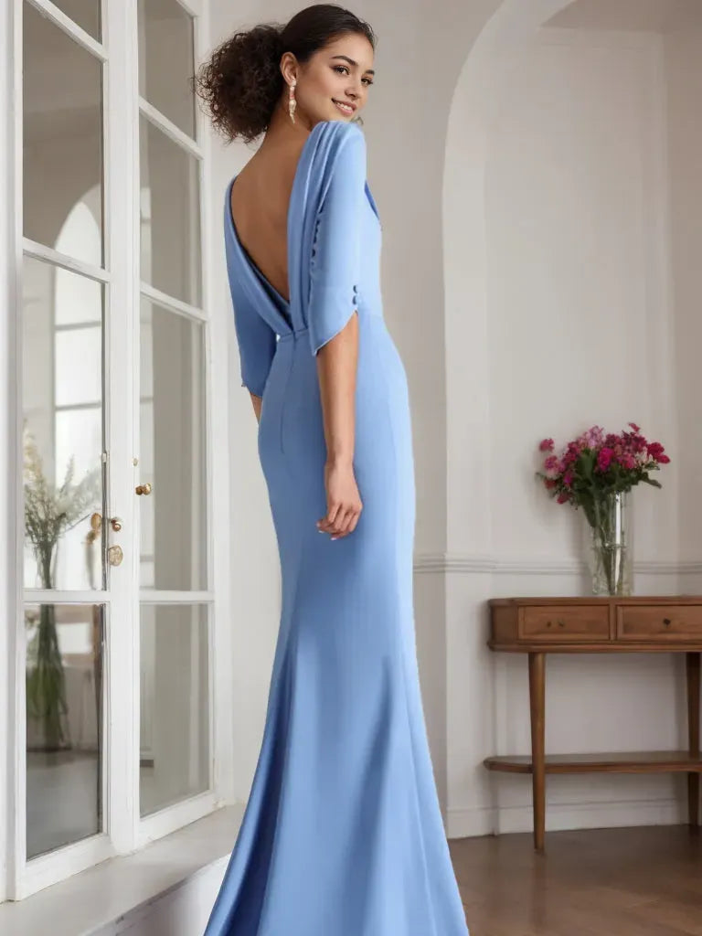 Column Scoop 1/2 Length Sleeves Floor-Length Mother of the Bride Groom Dresses with Rhinestone