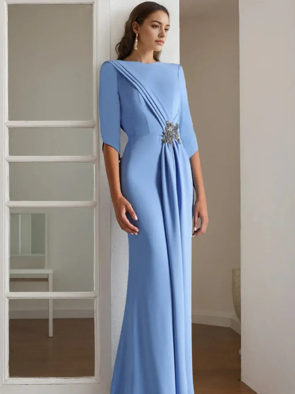 Column Scoop 1/2 Length Sleeves Floor-Length Mother of the Bride Groom Dresses with Rhinestone