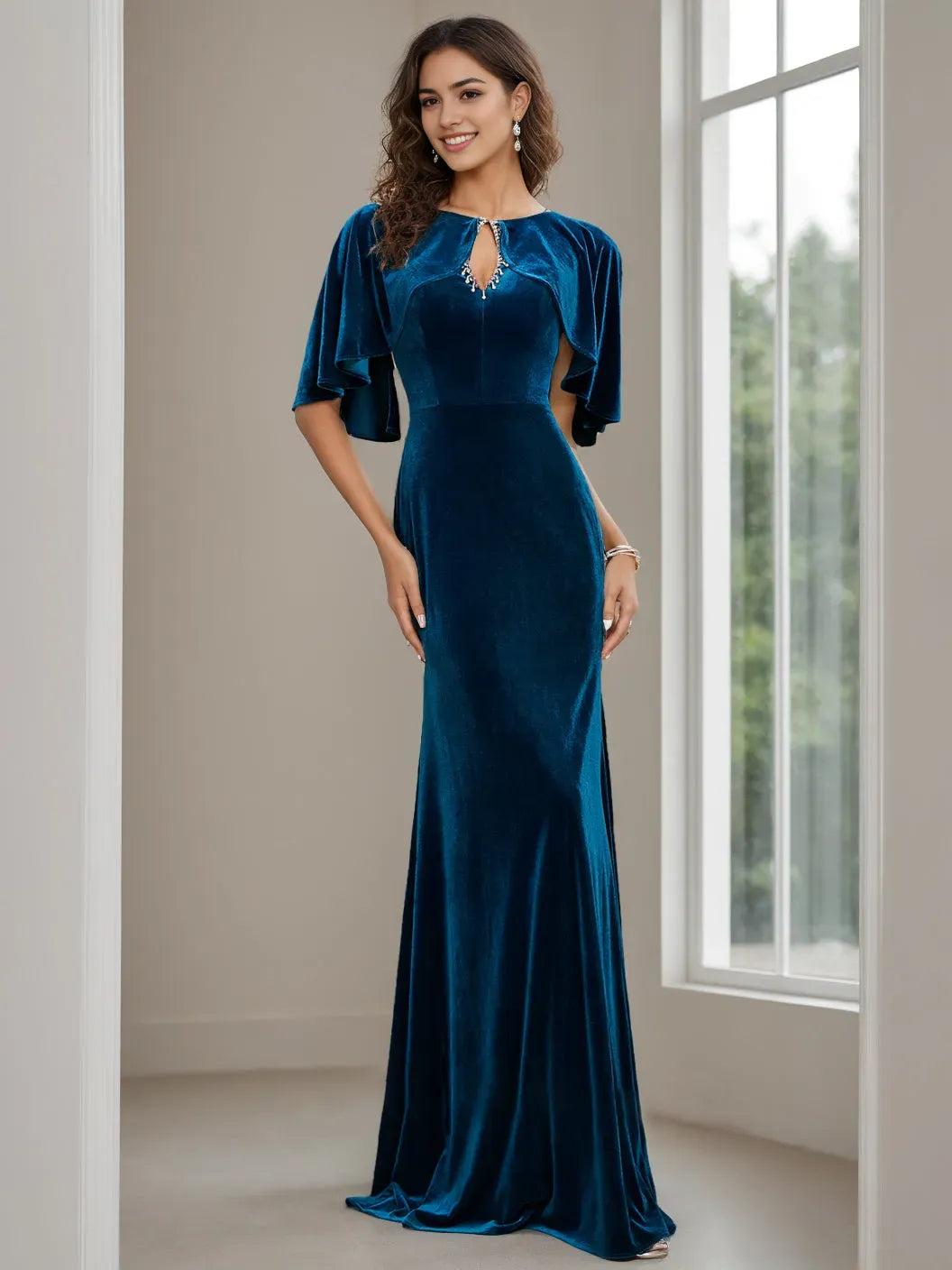 Column Scoop Neck Half Sleeves Floor-Length Velvet Mother of the Bride Dresses with Beading, Appliques Sequins