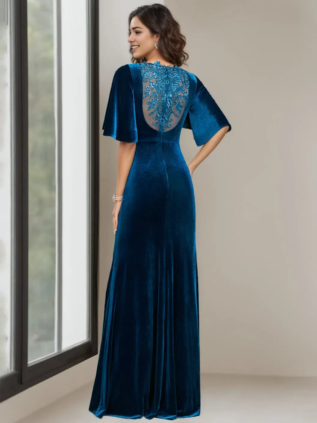 Column Scoop Neck Half Sleeves Floor-Length Velvet Mother of the Bride Dresses with Beading, Appliques Sequins