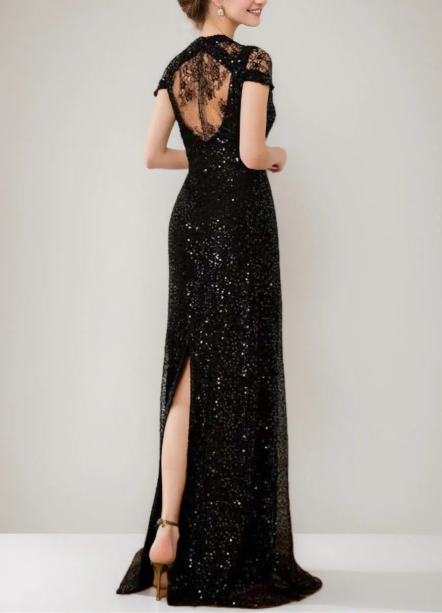 Column Sequined Floor-Length Plunge V-Neck Mother Of The Bride Dresses with Lace Slit