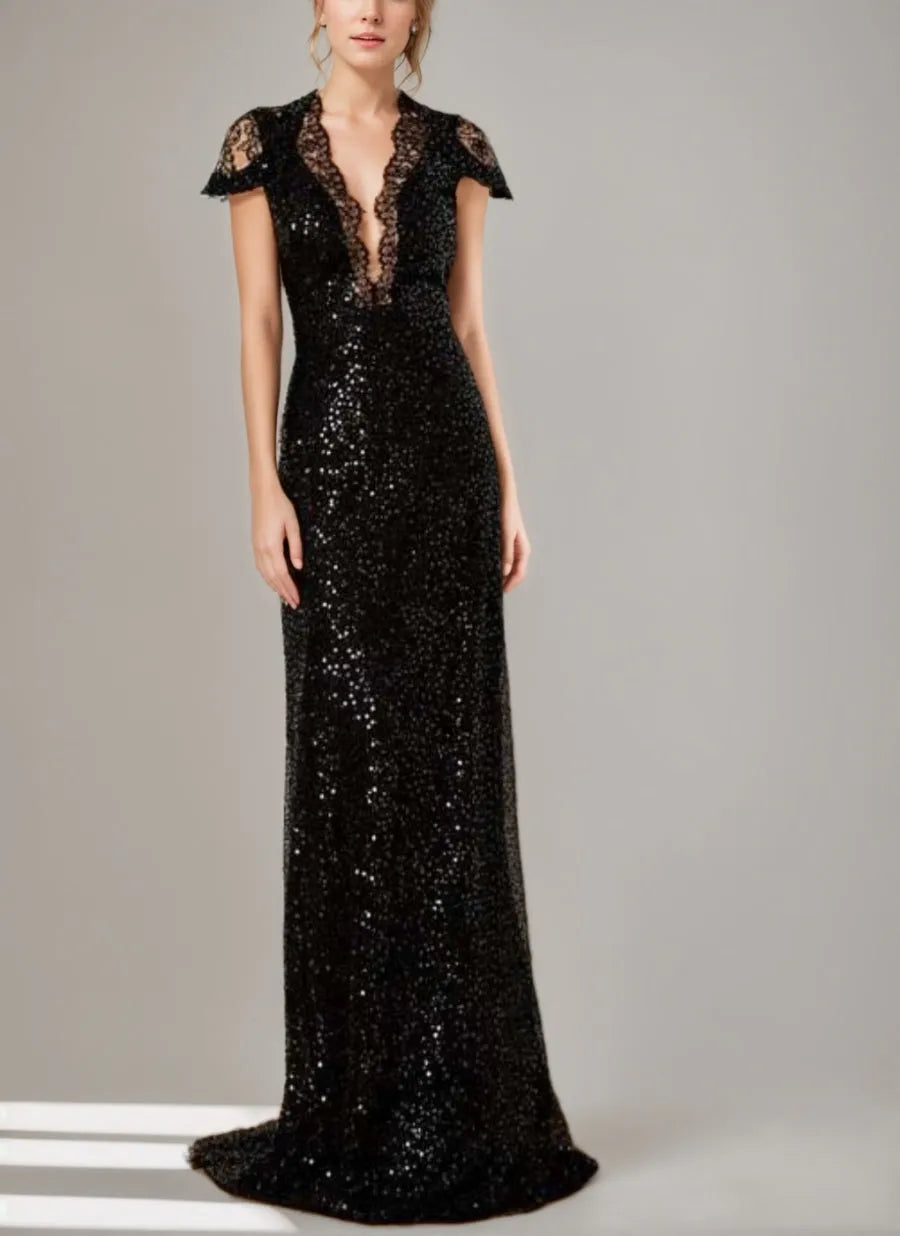 Column Sequined Floor-Length Plunge V-Neck Mother Of The Bride Dresses with Lace Slit