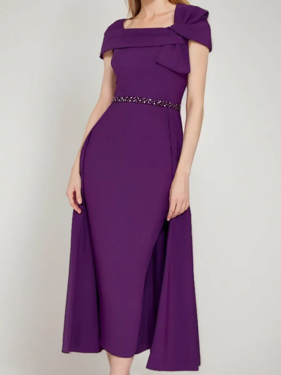 Column Square Neck Formal Mother of the Bride Groom Dresses with Bow Belt