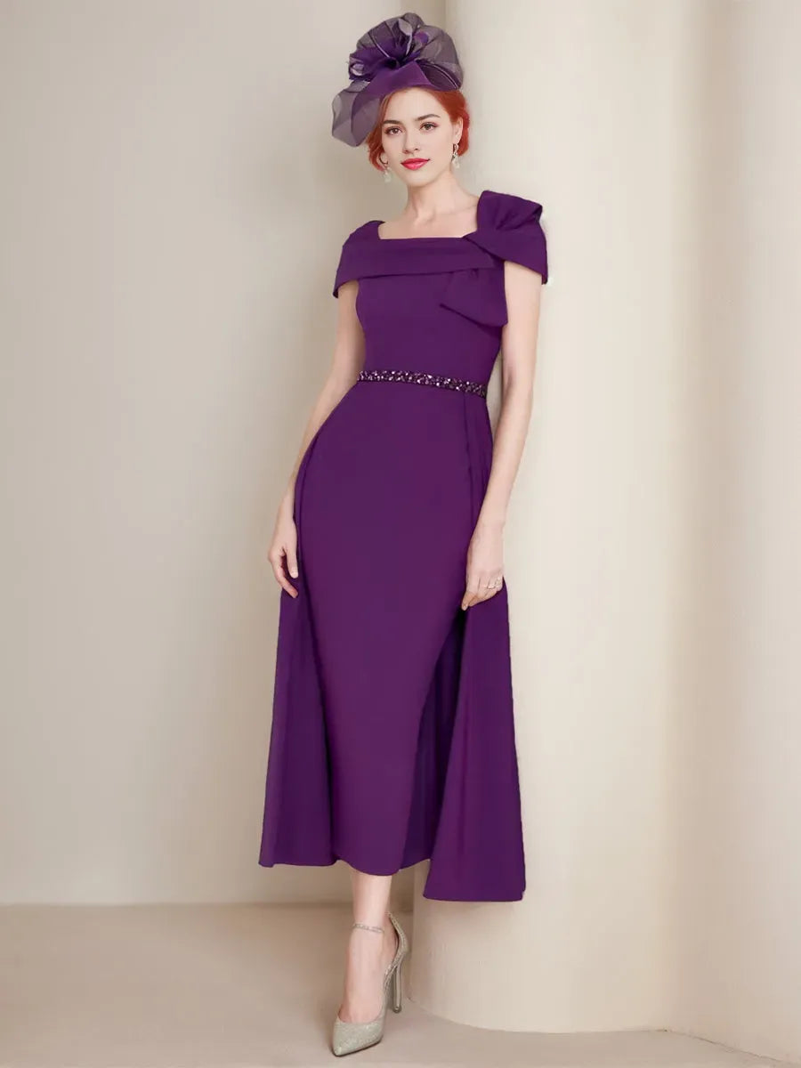 Column Square Neck Formal Mother of the Bride Groom Dresses with Bow Belt