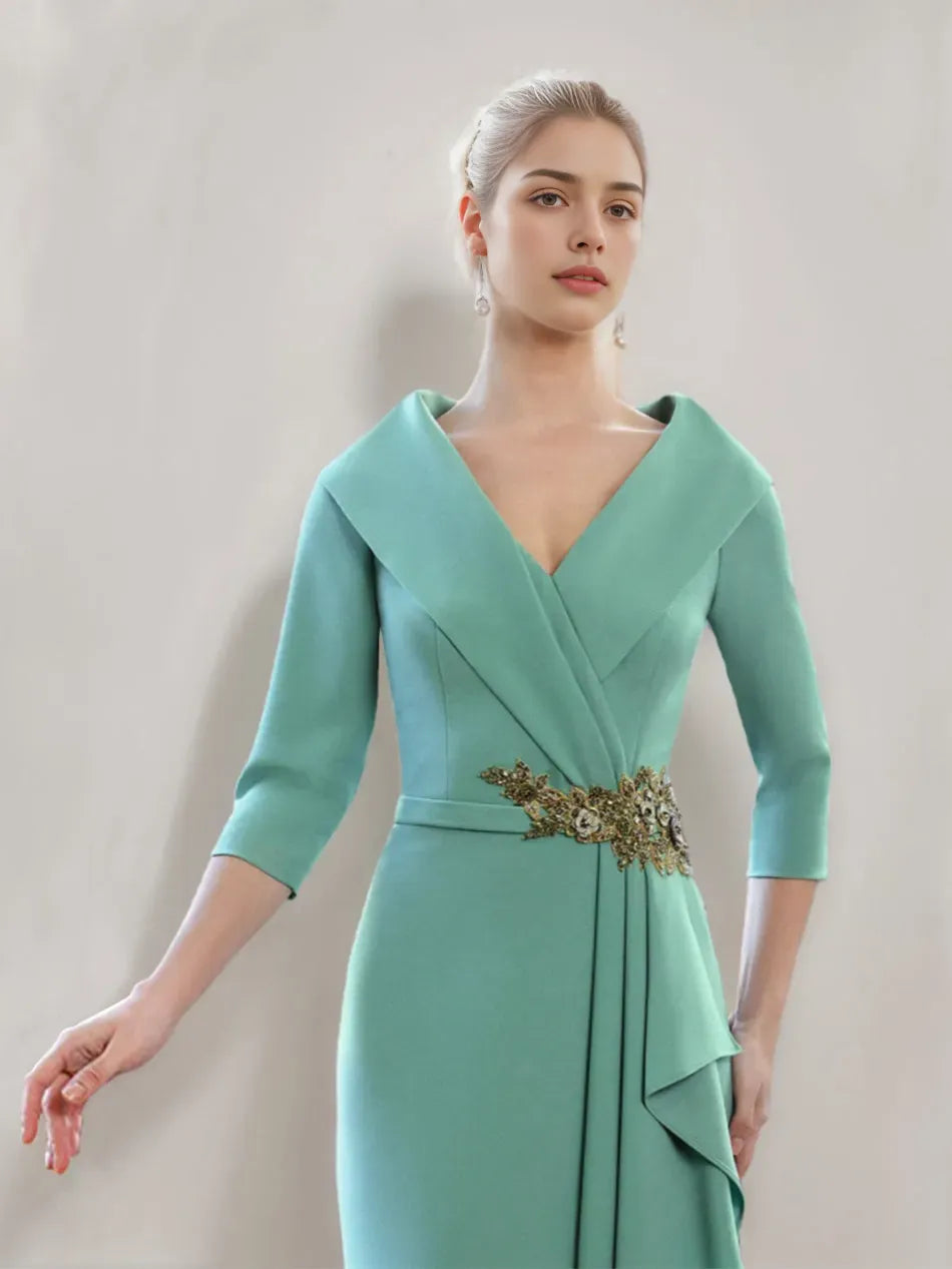 Column V-Neck 3/4 Sleeves Floor-Length Mother of the Bride Dresses with Ruffles Jewel Appliques