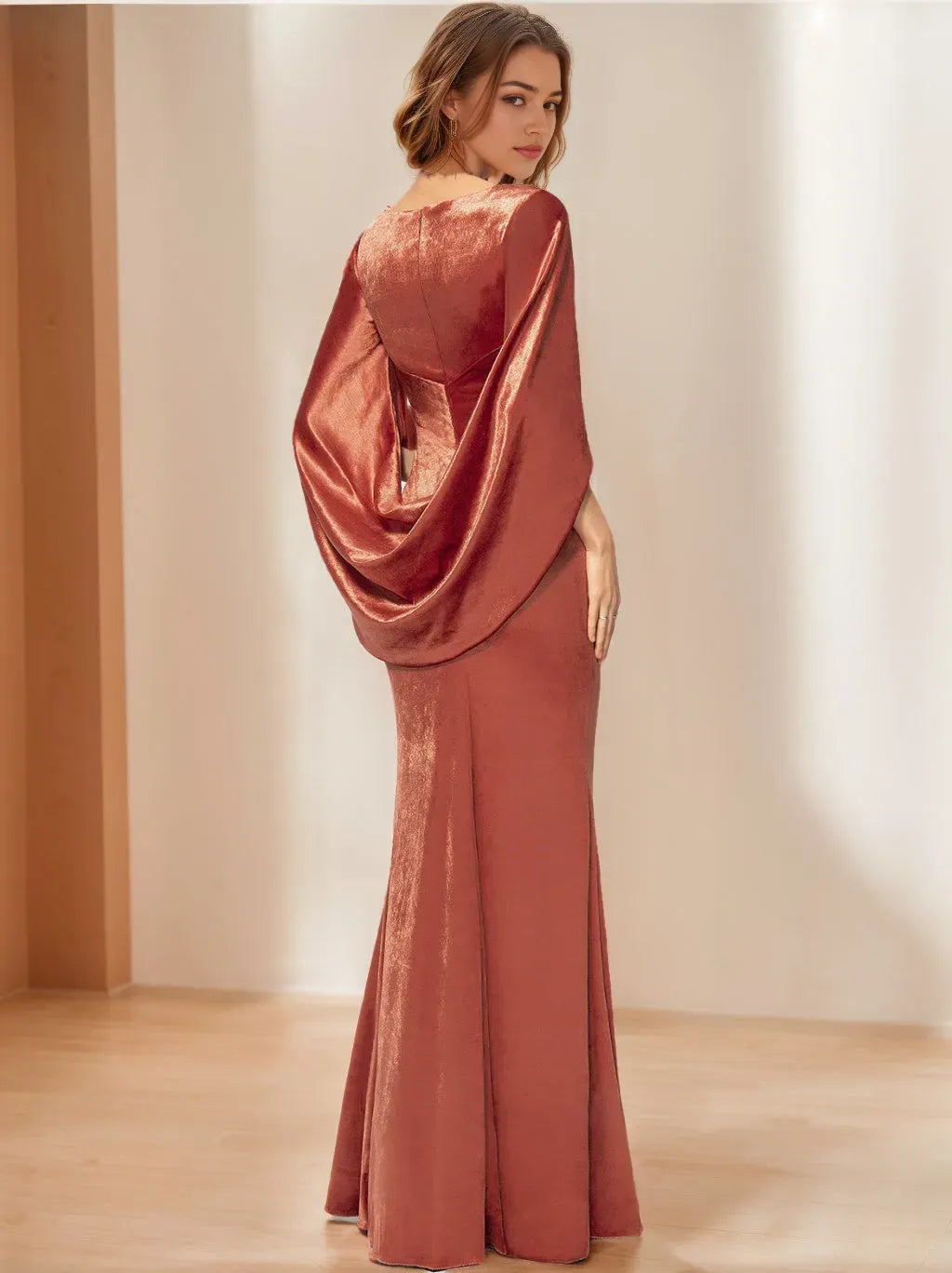 Column V-Neck Half Sleeves Floor-Length Velvet Mother of the Bride Dresses with Ruffles