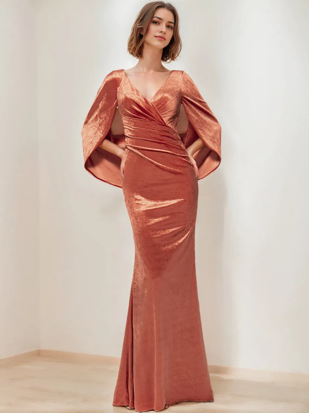 Column V-Neck Half Sleeves Floor-Length Velvet Mother of the Bride Dresses with Ruffles