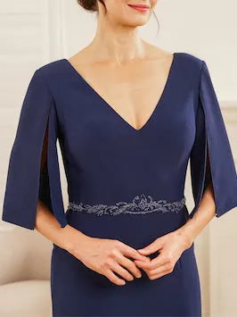 Column V-Neck Half Sleeves Mother Of The Bride Groom Dresses with Appliques Split Side