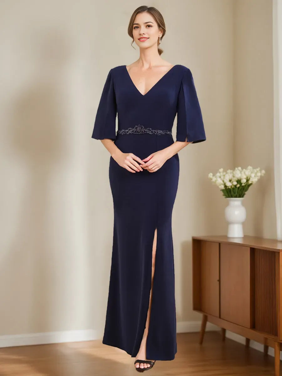 Column V-Neck Half Sleeves Mother Of The Bride Groom Dresses with Appliques Split Side