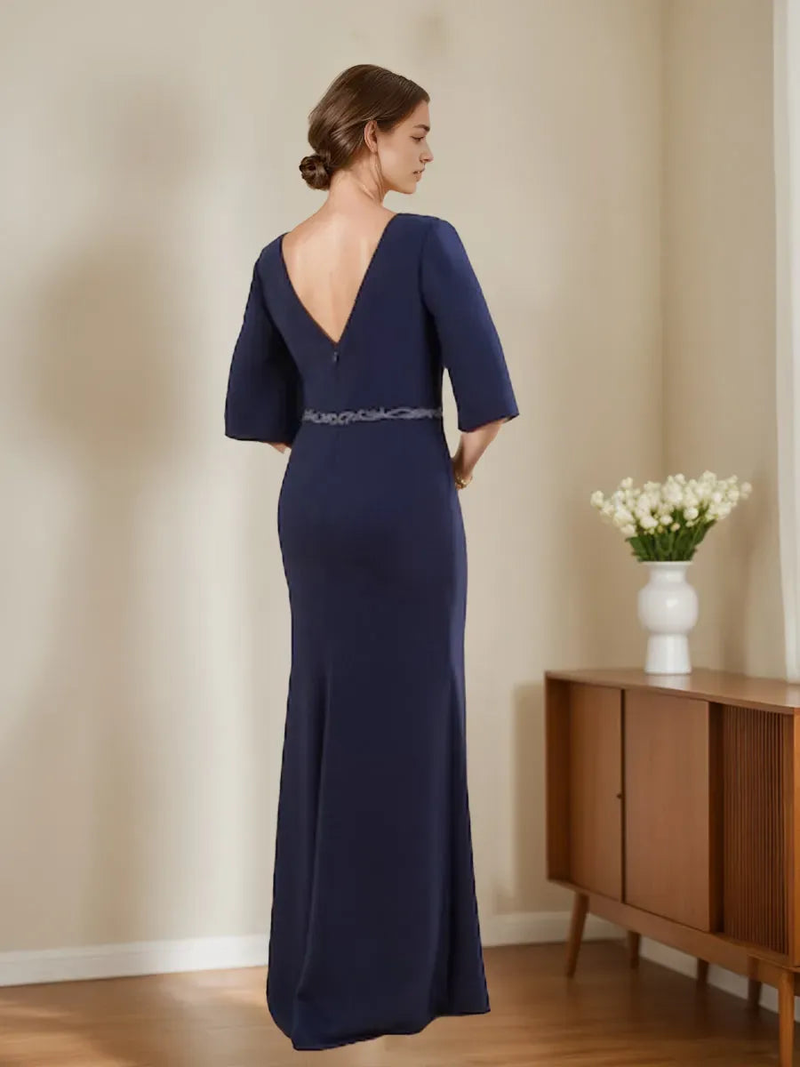 Column V-Neck Half Sleeves Mother Of The Bride Groom Dresses with Appliques Split Side