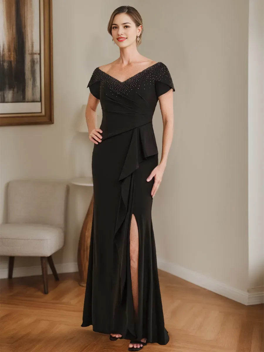 Column V-Neck Mother Of The Bride Dresses with Beading Split Side Ruffles