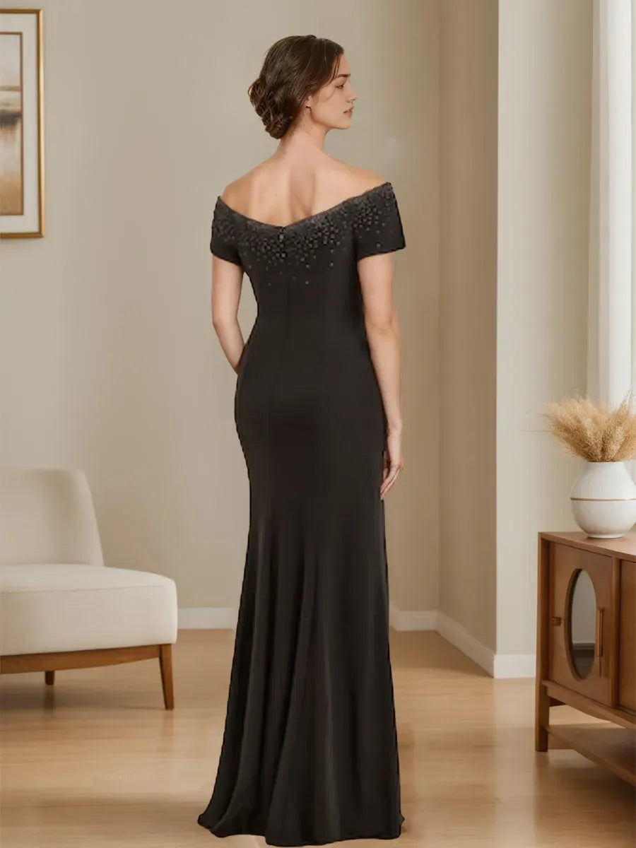 Column V-Neck Mother Of The Bride Dresses with Beading Split Side Ruffles