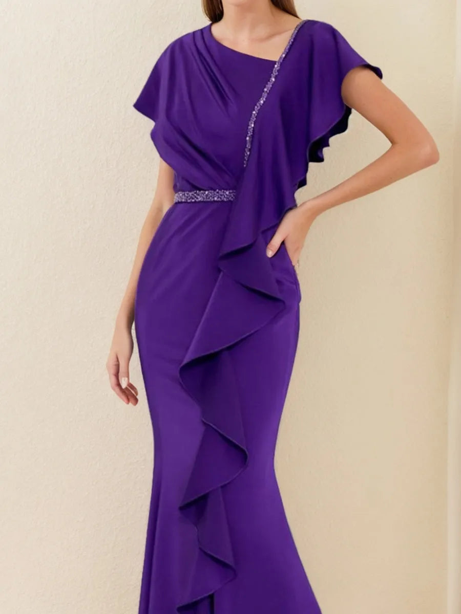 Column V-Neck Short Sleeves Mother of the Bride Groom Dresses with Ruffles Rhinestone