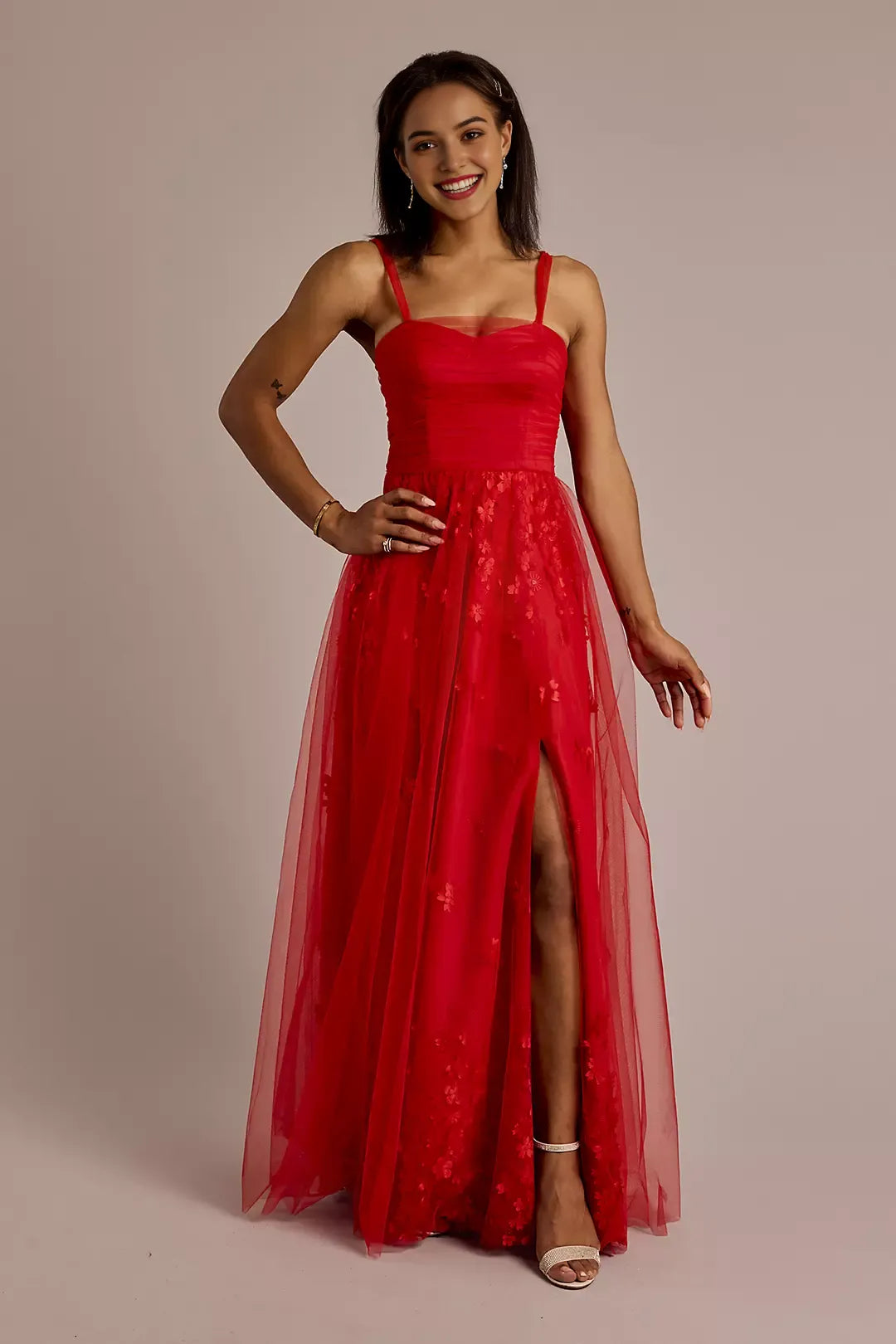 Convertible Strap Tulle Ball Gown with Flowers ﻿