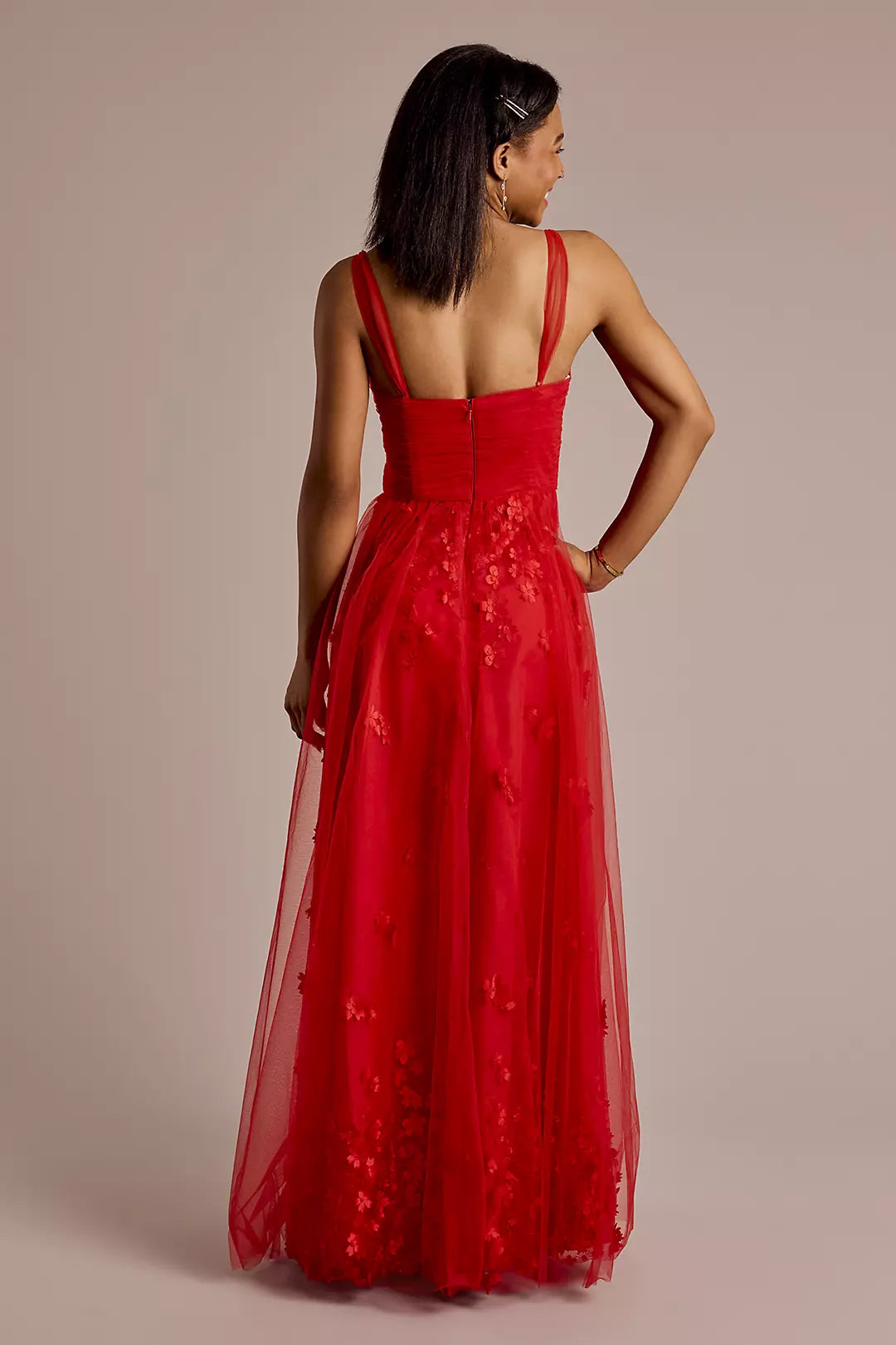 Convertible Strap Tulle Ball Gown with Flowers ﻿