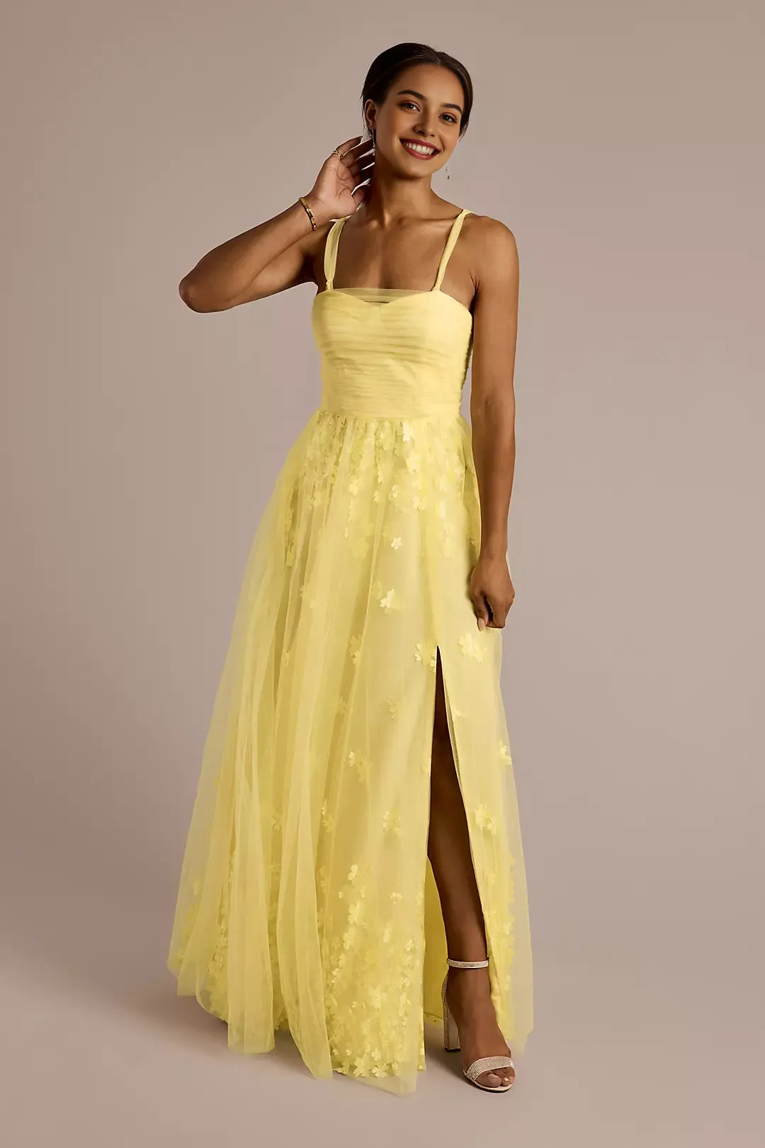 Convertible Strap Tulle Ball Gown with Flowers ﻿