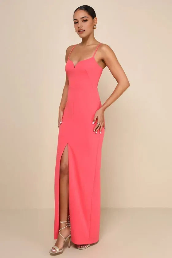 Coral Pink Bodycon Prom Dress with Sweetheart Neck line Spaghetti Straps Side Slit  A Glamorous Choice for Formal Occasions