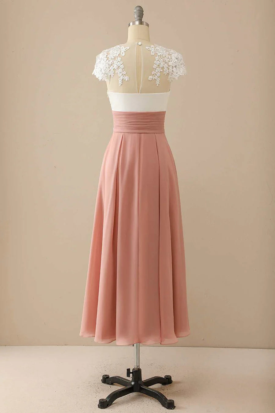 Coral Pink Lace Cap Sleeve Mother of the Bride Dress