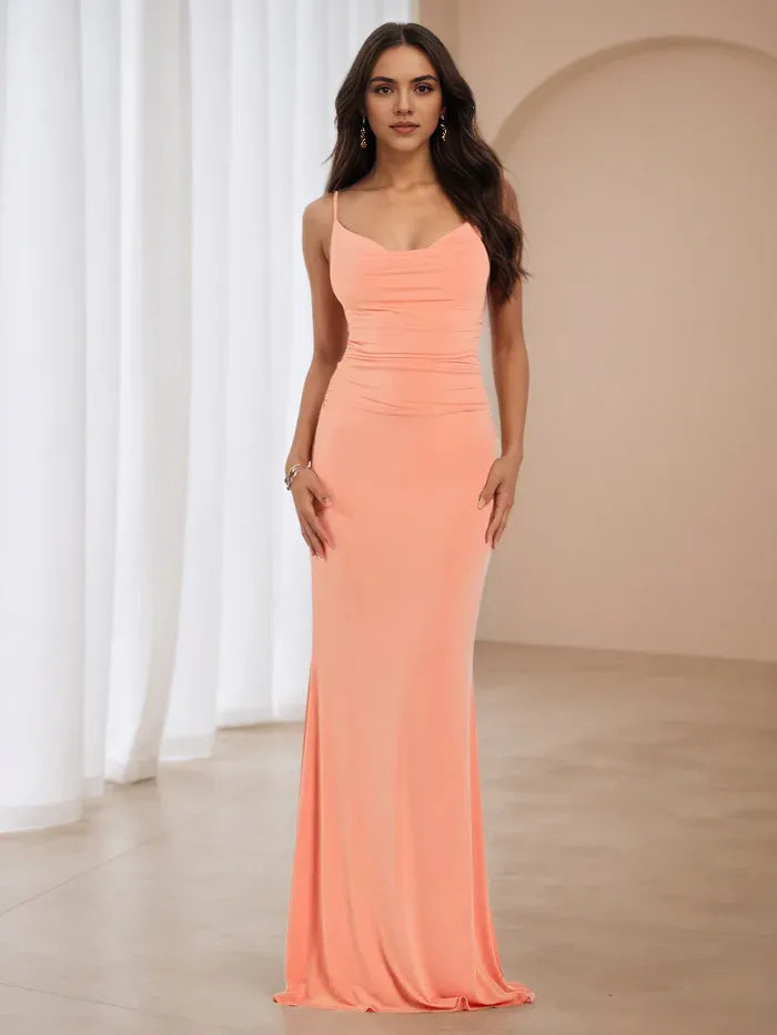 Coral Satin Like Ruched Prom Dress Spaghetti Straps Floor Length For Glamorous Dance Nights